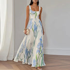 Floral maxi dress with square neckline and pleated skirt, wedding guest style