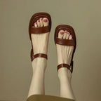Women vegan leather block heel sandals with adjustable ankle strap