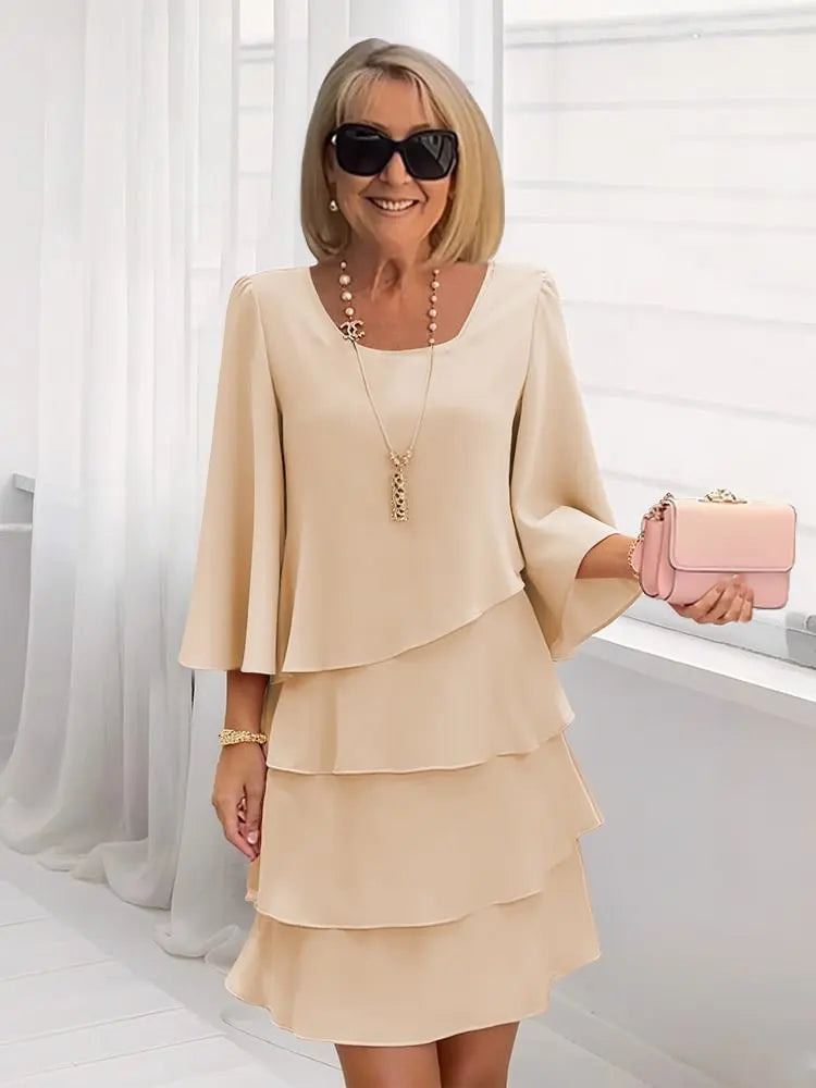 Women A-Line Ruffle Midi Dress with layered ruffles and split sleeves