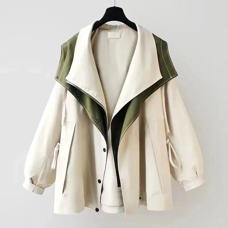 Women's hooded windbreaker jacket patchwork design relaxed fit