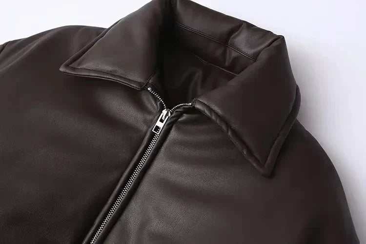 Women faux leather oversized bomber jacket with ribbed cuffs and soft lining