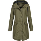 Women hooded long rain jacket A-line silhouette below knee length