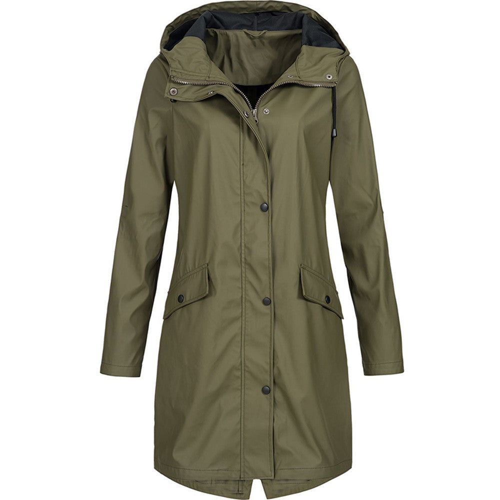 Women hooded long rain jacket A-line silhouette below knee length