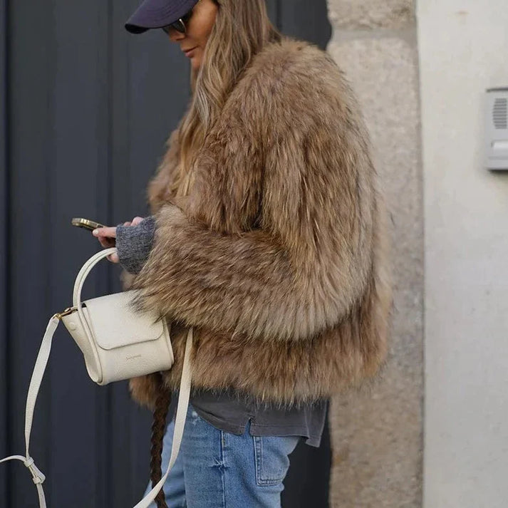 Women's faux fur coat brown plush winter fashion coat