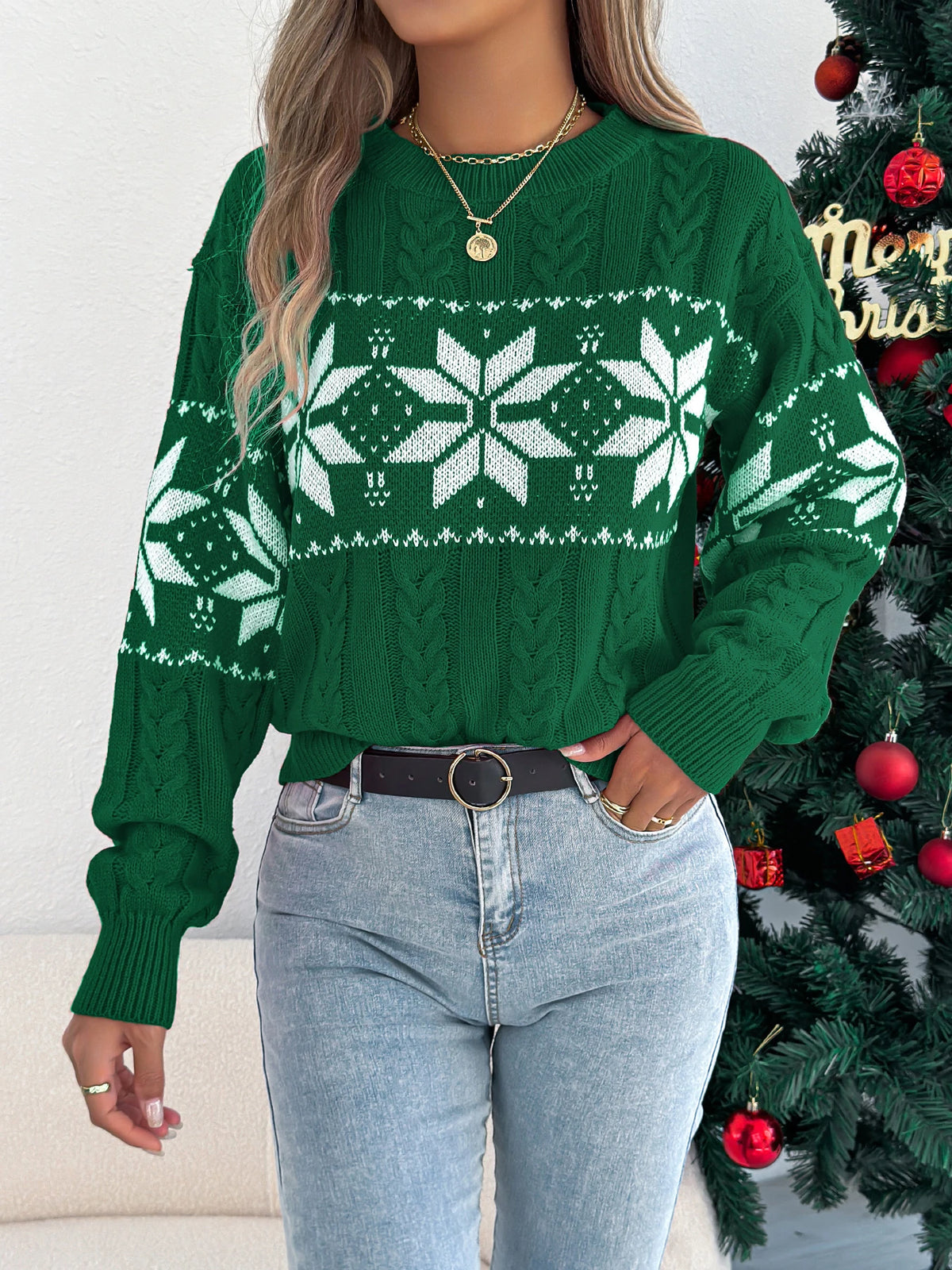 Christmas Jumper Women Knitted Snowflake Pattern Long Sleeve Top