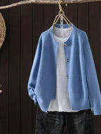 Women crew neck cardigan with pearl buttons relaxed fit in multiple colors
