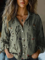 Women boho print long sleeve button-up blouse with lapel collar and paisley floral pattern