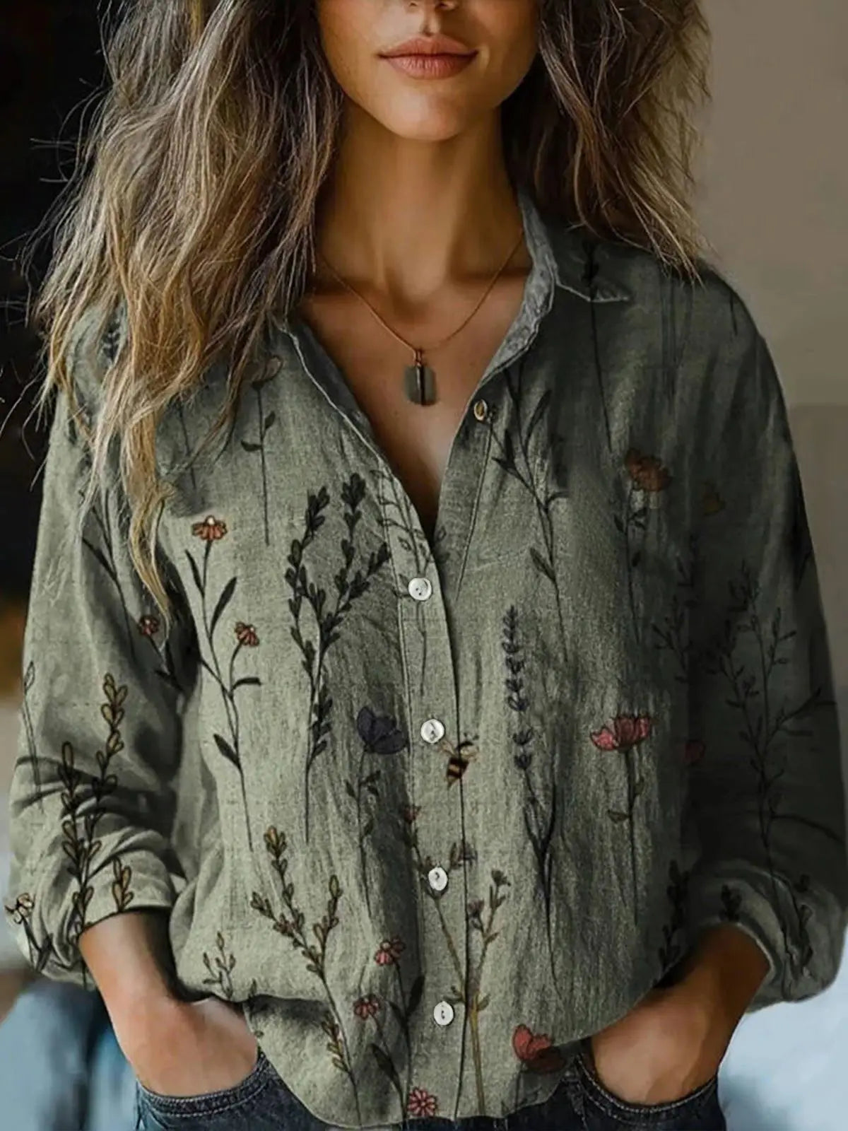 Women boho print long sleeve button-up blouse with lapel collar and paisley floral pattern