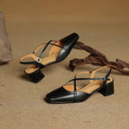 Women leather block heel pumps closed toe with adjustable buckle strap