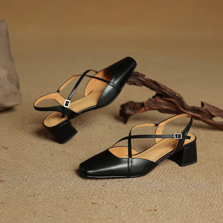 Women leather block heel pumps closed toe with adjustable buckle strap