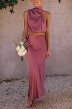 Women 2 piece satin maxi dress set with high draped neckline and flowing skirt