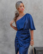 Women's asymmetric one-shoulder draped midi dress for evening occasions