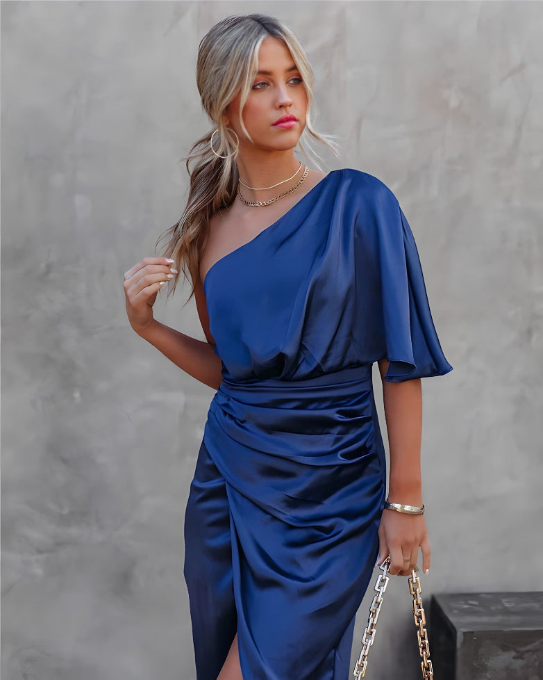 Women asymmetrical off shoulder dress sleeveless midi length