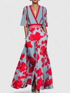 Women maxi dress flowy floor-length in red white black and gray