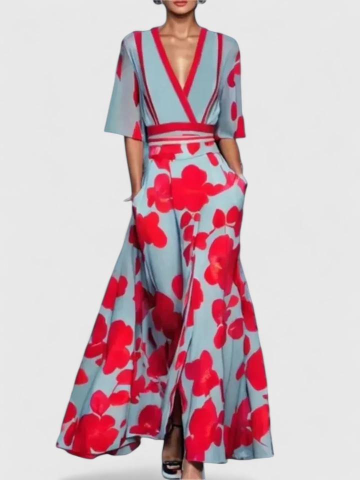 Women maxi dress flowy floor-length in red white black and gray