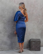 Women asymmetrical off shoulder dress sleeveless midi length