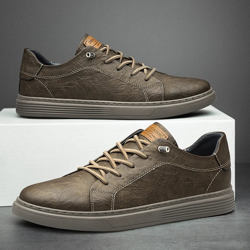 Men's faux leather sneakers with cushioned sole, casual lace-up in black, white and brown