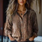 Women boho print long sleeve button-up blouse with lapel collar and paisley floral pattern