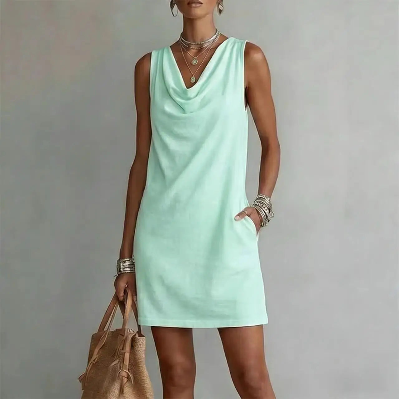 Women's mini dress cowl neck sleeveless A-line silhouette with side pockets
