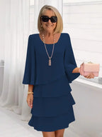 Women A-Line Ruffle Midi Dress with layered ruffles and split sleeves