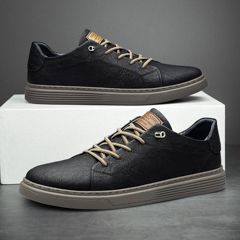 Men's faux leather sneakers with cushioned sole, casual lace-up in black, white and brown