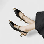 Women block heel pumps jacquard floral texture pearl strap gold-tone accents
