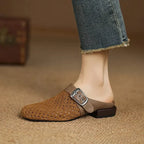 Women suede leather clogs with adjustable buckle strap in brown and beige