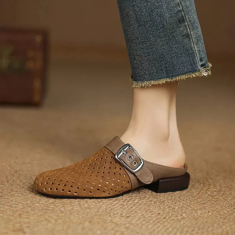 Women suede leather clogs with adjustable buckle strap in brown and beige