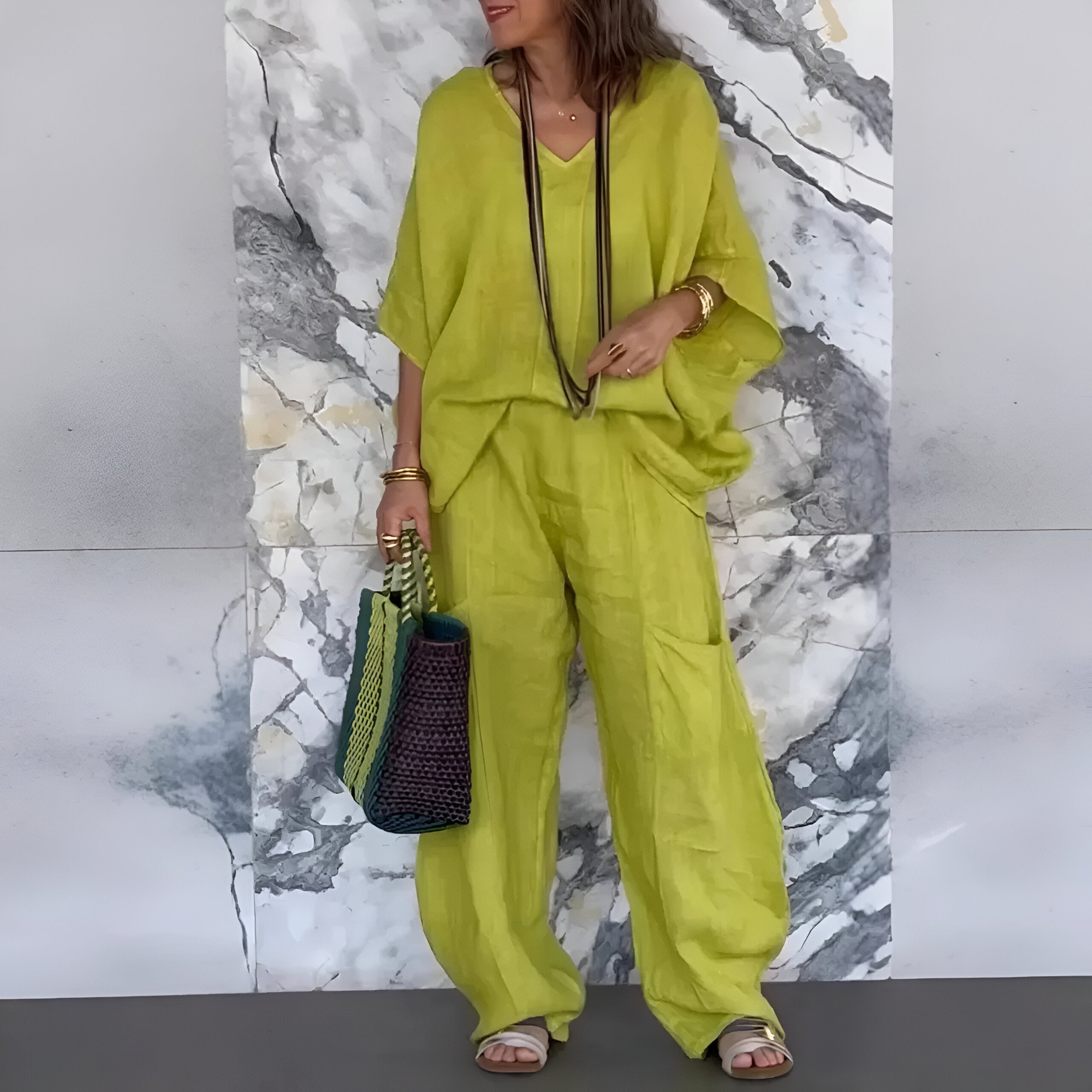 Women 2 piece wide leg pants set loose fit in lime green black and khaki