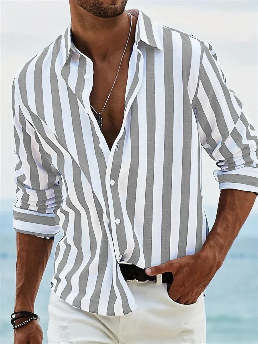 Men's linen shirt blue white stripes relaxed fit summer