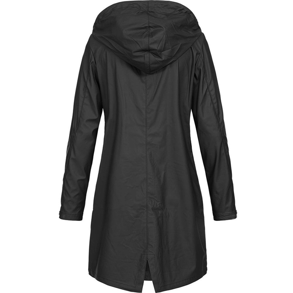 Women hooded long rain jacket A-line silhouette below knee length