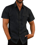 Linen Shirt Men Short Sleeve Casual Plus Size Solid Turn Down Collar