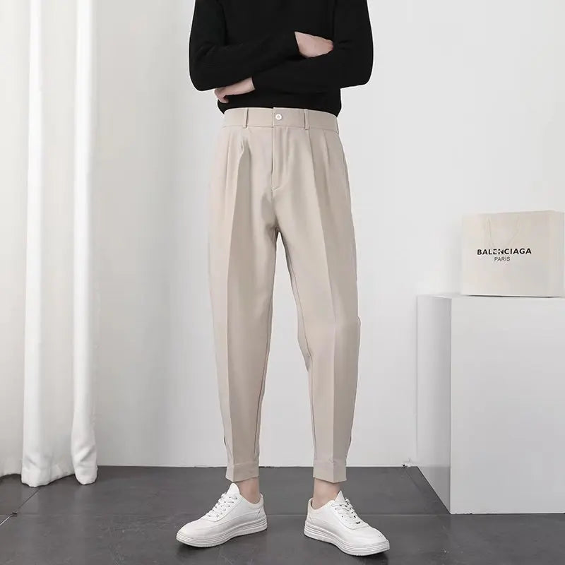 Men's pleated trousers relaxed fit smart casual in dark grey, khaki, white and black