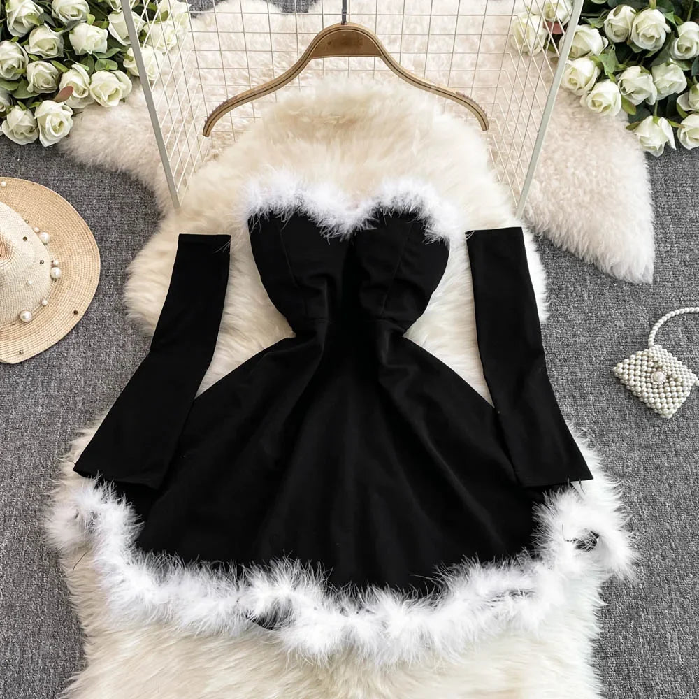 Christmas Party Dress Women Sexy Low Cut Feather Trim Sleeveless Mini