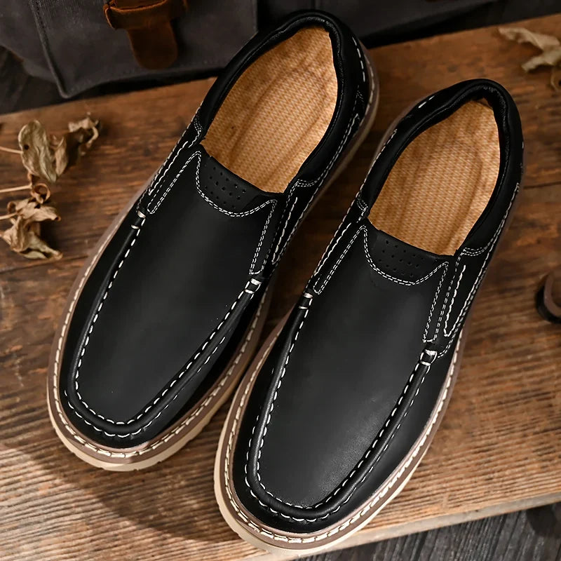Men leather loafers slip on orthopedic cushioned insole brown black