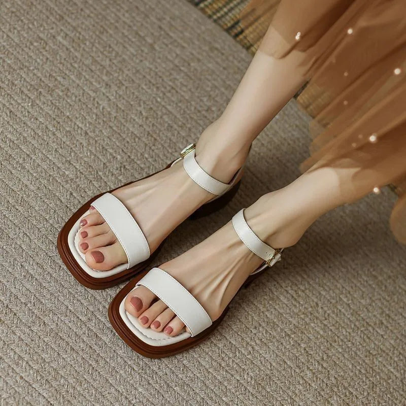 Women vegan leather block heel sandals with adjustable ankle strap