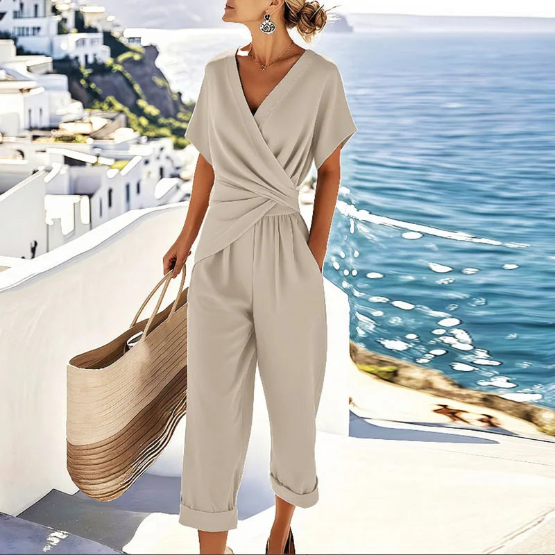 Women's two-piece set with wrap-front top and tapered trousers, summer coordinated outfit