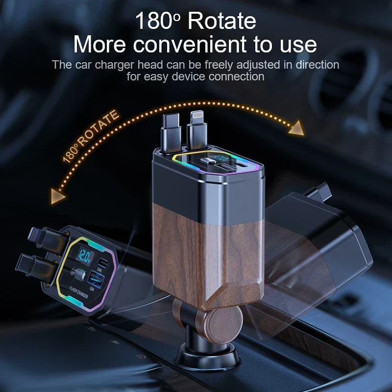120W 4-in-1 retractable car charger with USB-C and cigarette lighter adapter