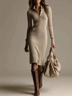 Women ribbed midi dress long sleeve high waist fold over collar beige