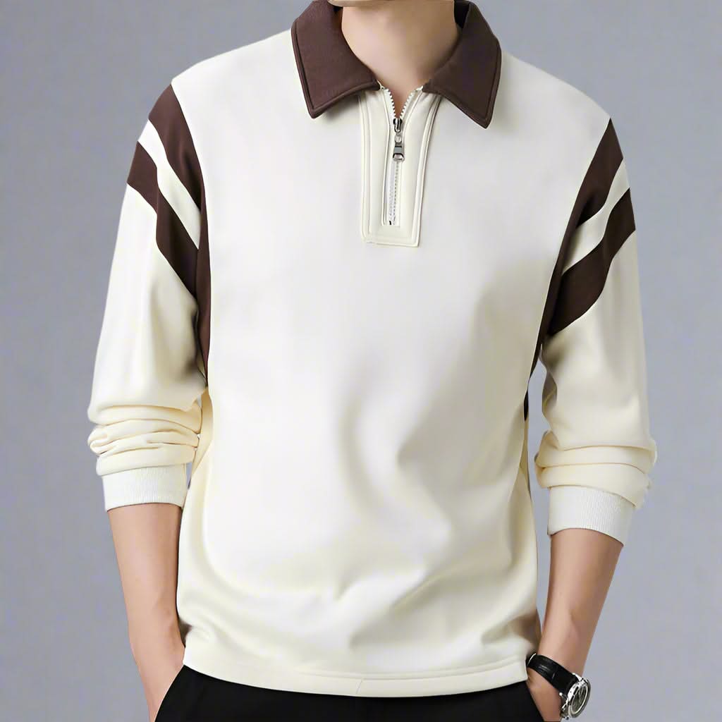 Men cotton blend long sleeve polo shirt with zipper collar and color-block design