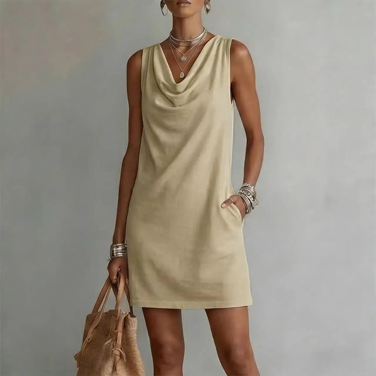 Women's mini dress cowl neck sleeveless A-line silhouette with side pockets