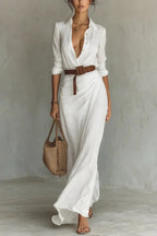 Women's wrap maxi dress with long sleeves and self-tie waist, ankle length