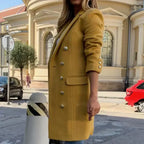 Women long coat buttoned front with side pockets classic collar