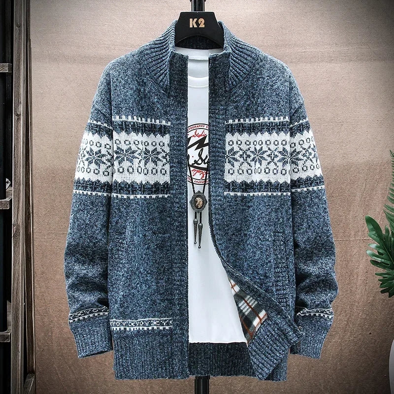 Christmas Jumper Men | Cotton Zip Stand Collar Cardigan Warm Thick