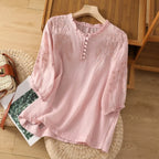 Women embroidered blouse relaxed fit with button detail round neckline short sleeves