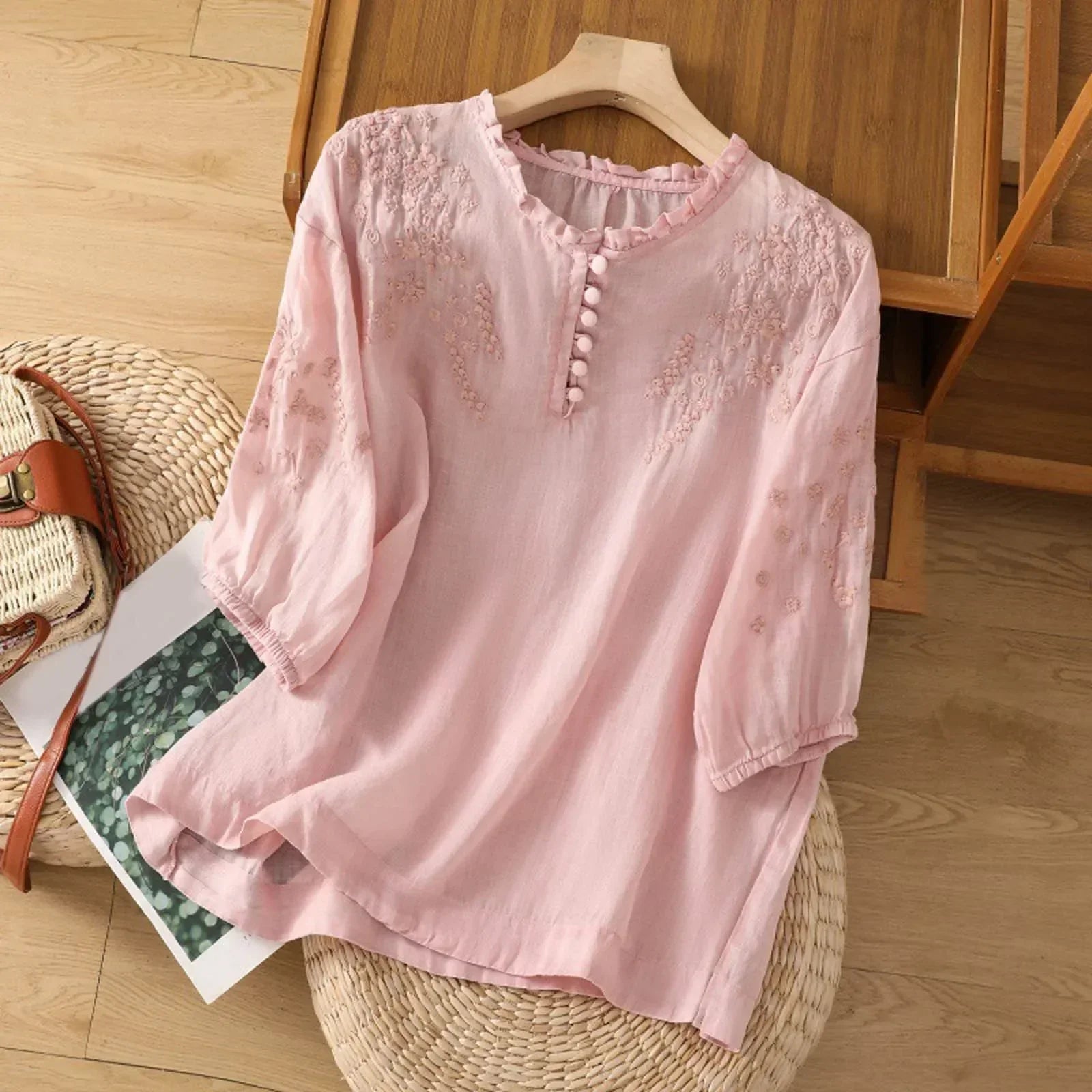 Women embroidered blouse relaxed fit with button detail round neckline short sleeves