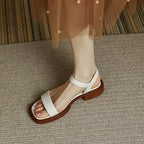 Women vegan leather block heel sandals with adjustable ankle strap