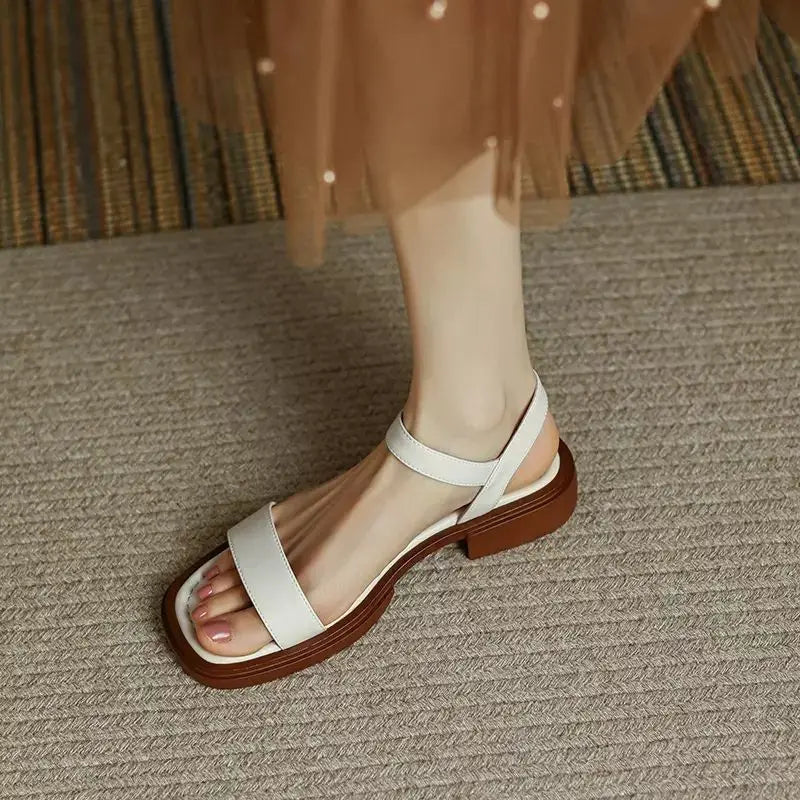 Women vegan leather block heel sandals with adjustable ankle strap