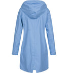 Women hooded long rain jacket A-line silhouette below knee length