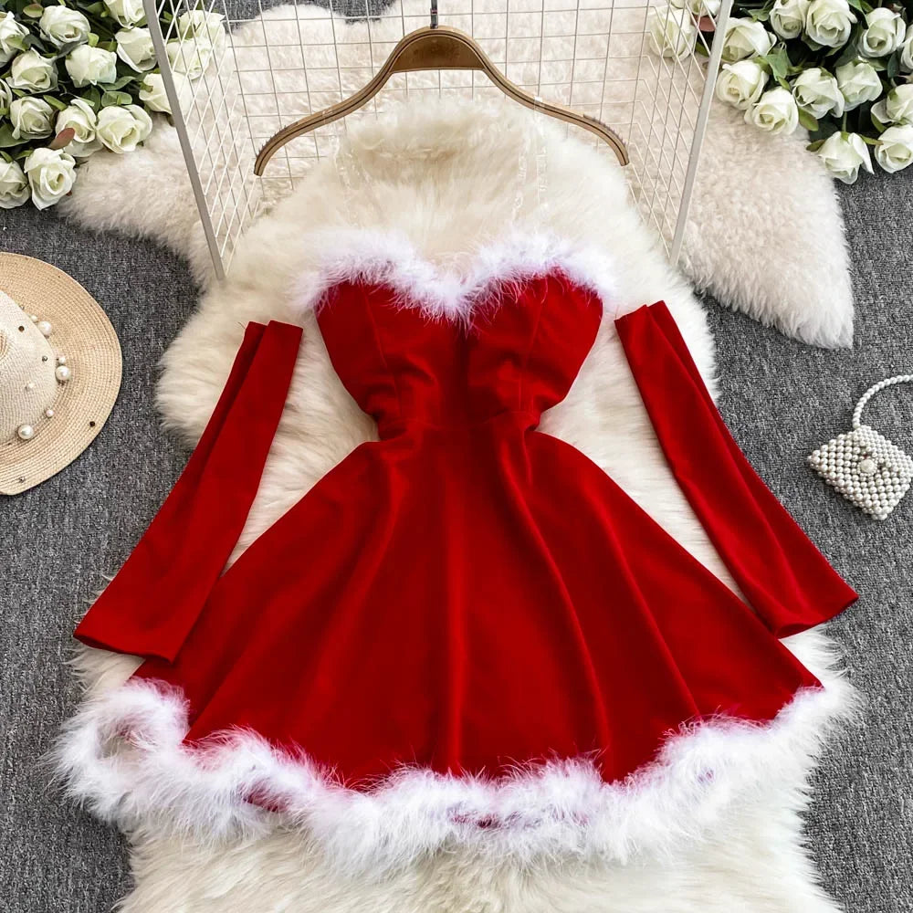 Christmas Party Dress Women Sexy Low Cut Feather Trim Sleeveless Mini